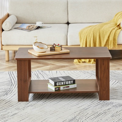 Modern Minimalist Walnut Colored Double Layered Rectangular Coffee Table ,tea Table.MDF Material Is More Durable,Suitable For Living Room, Bedroom, And Study Room.19.6x35.4x16.5  CT-16 CJDropshipping
