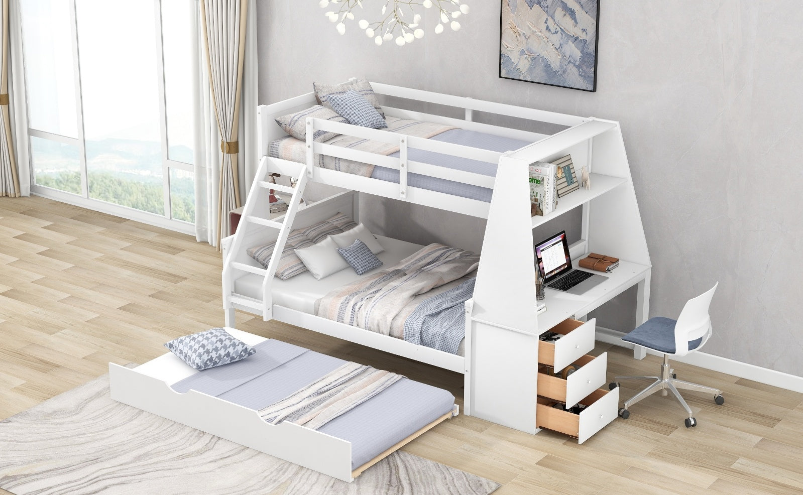 Twin Full Bunk Bed W  Trundle, Desk, 3 Drawers   Shelf - White