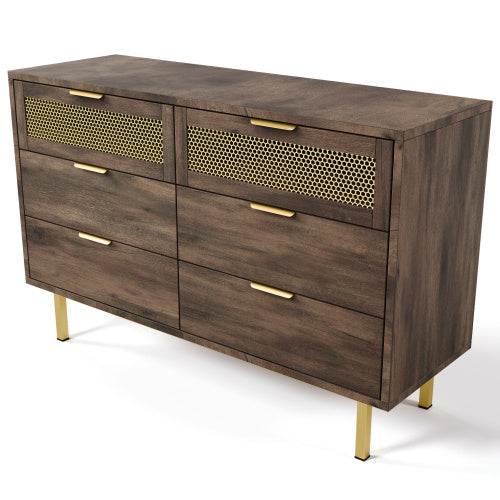 Sideboard Cabinet Dresser With 6 Drawers, Metal Handles Dresser, Multipurpose Cabinet For Hallway, Bedroom, Living Room, And Children's Room.120 X 40 X 76 Cm, Dark Brown