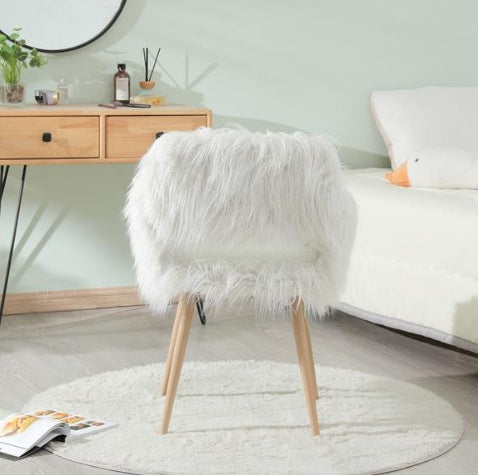 White Faux Fur Upholstered Make-up Chair With Side Dining Chair With Metal Legs