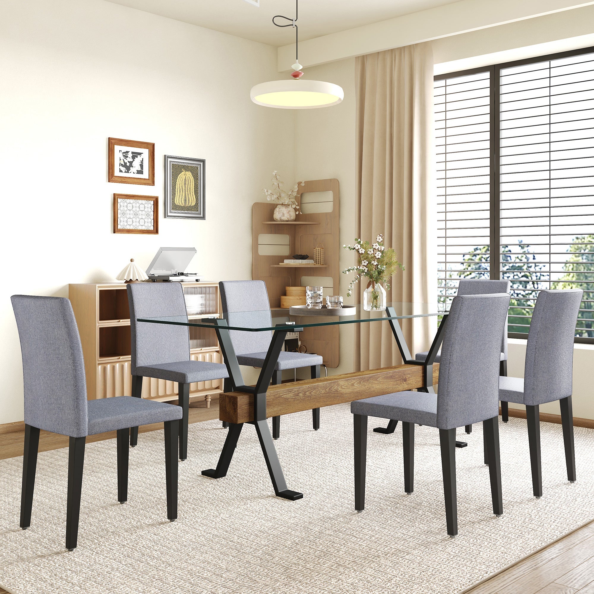 Table and chair set.79'x31.5' Inch Tempered Glass Tabletop With Sangria Beech