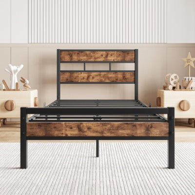 Twin Size Platform Bed Frame With Rustic Vintage Wood Headboard, Strong Metal Slats Support, No Box Spring Needed