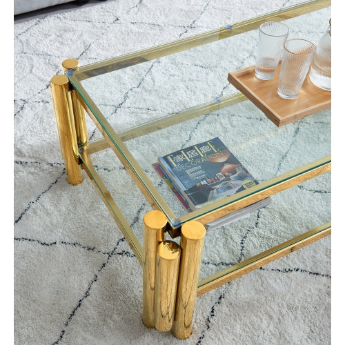 Modern Stainless Steel Coffee Table Set  Set Of 2, Double-Layer Clear Tempered Glass Table Top, Coffee Table  End Side Table 2-Pieces Sets For Living Room Home Office CJDropshipping