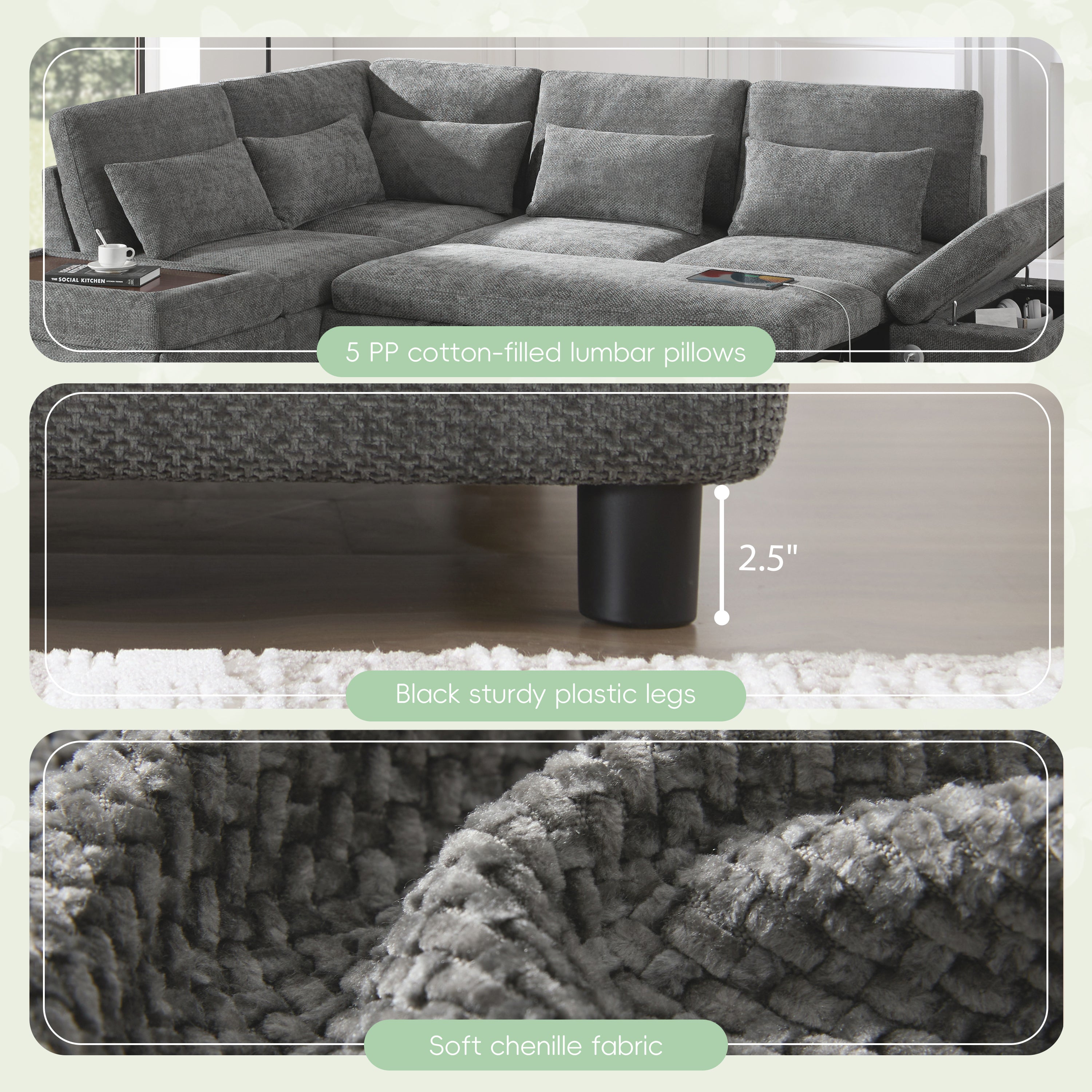 107'' Modular Sectional Pull-out Sofa, L shape with Wide Seats, Free