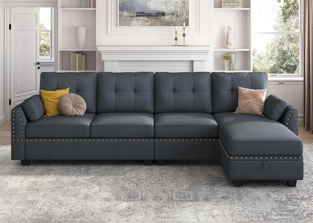 Bluish Grey Sectional Sofa L-Shaped, Convertible Peach Maple