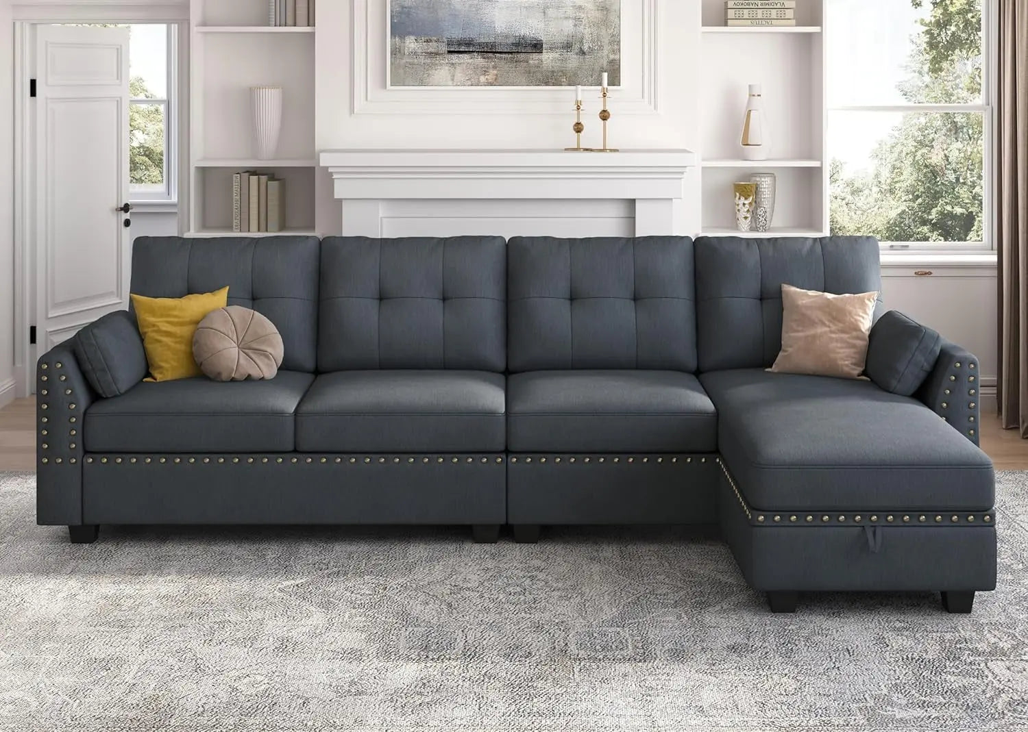 Bluish Grey Sectional Sofa L-Shaped, Convertible Peach Maple