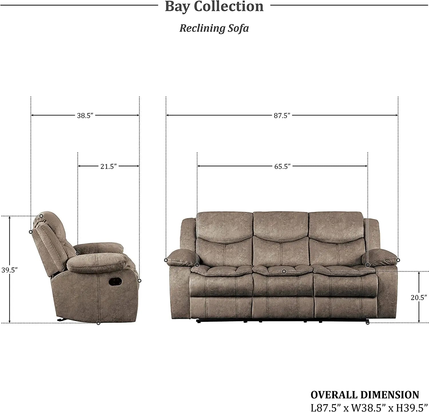 Bay Manual Double Reclining Sofa, Brown Peach Maple