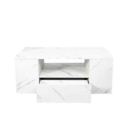 Modern Coffee Tables For Living Room, LED Coffee Table, Storage Coffee Table, Small Coffee Table, Wood Center Table With 2 Drawers And Open Side Shelf CJDropshipping