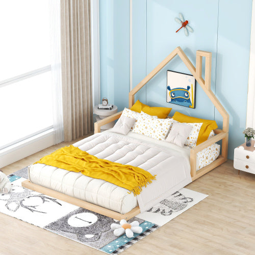 Twin Size Wood Floor Bed With House-shaped Headboard