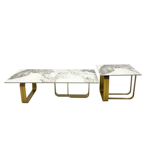 LuneluX_Home – Modern Sintered Stone Coffee Table Set with Gold Frame Carmine Juneberry