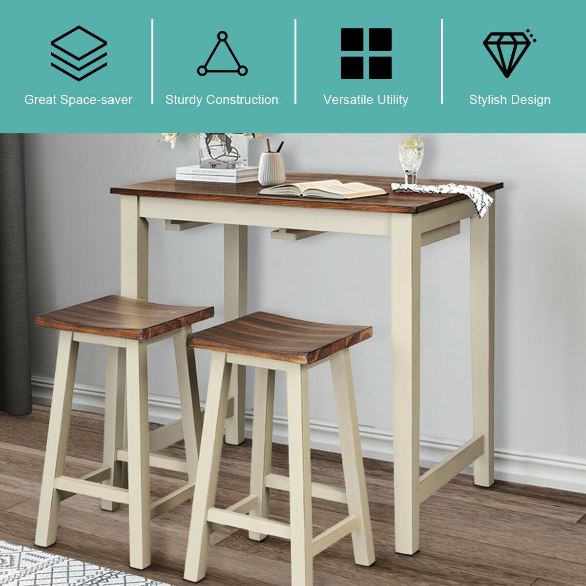 Counter Height Pub Table With 2 Saddle Bar Stools