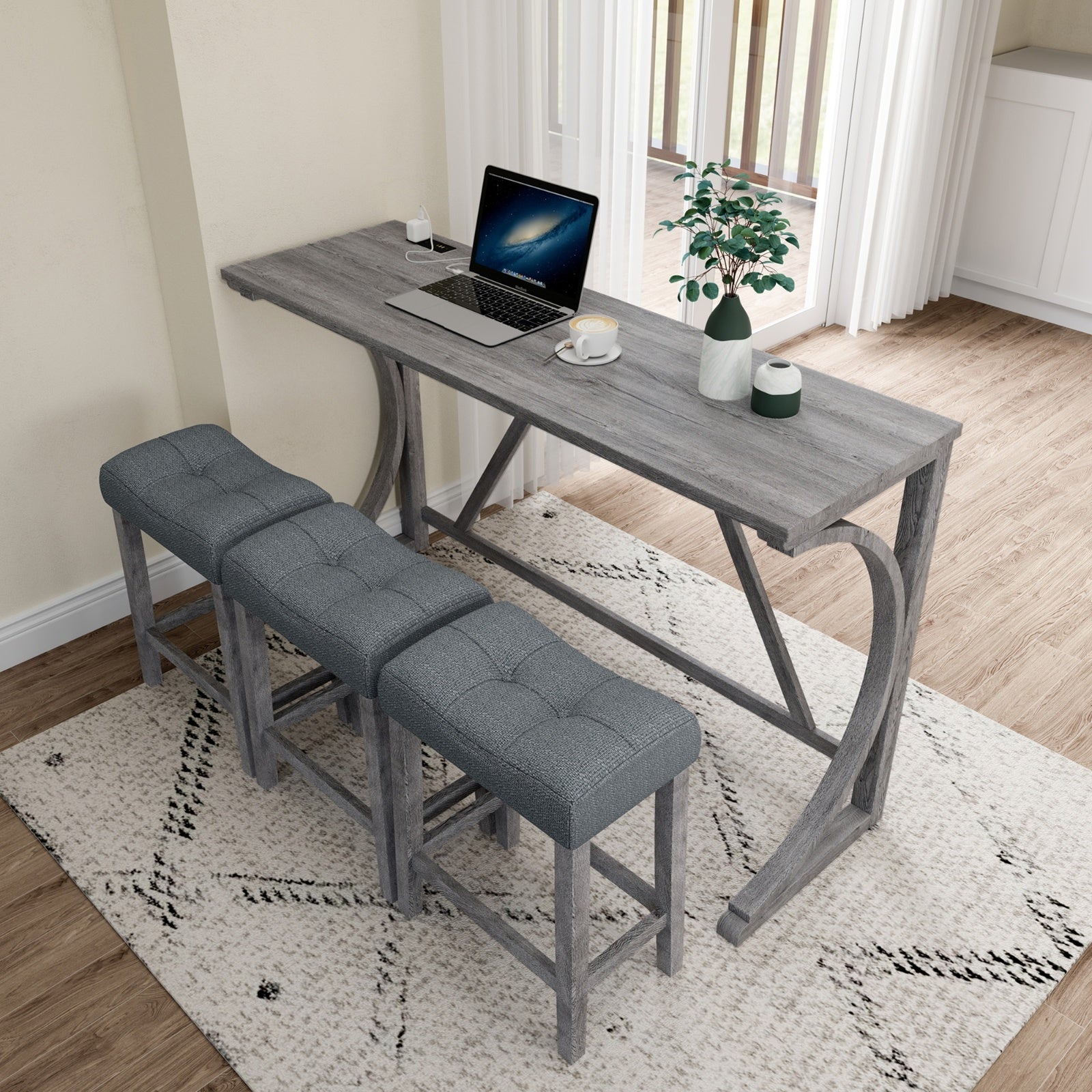 Bar Table Set With Power Outlet, Bar Table And Chairs Set, 4 Piece Dining Table Set, Industrial Brea