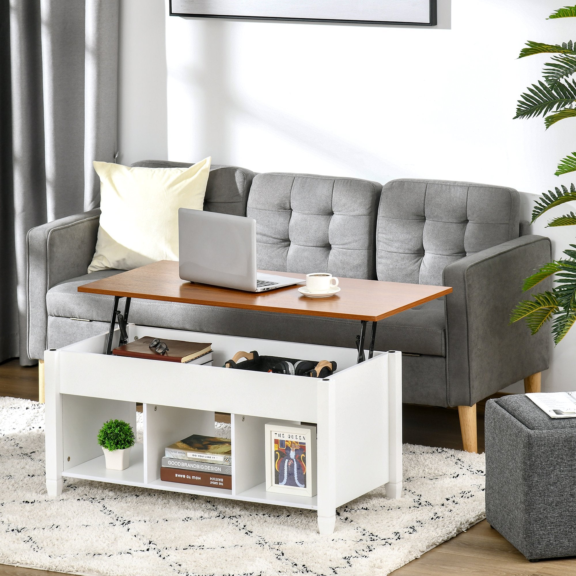 HOMCOM Lift Top Coffee Table with Hidden Storage Compartment and 3 Taupe Shadow