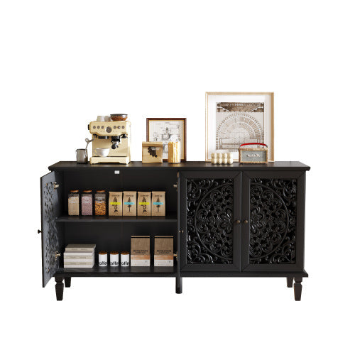 60 Antique Buffet Cabinet With Floral Carvings With Solid Wood Legs&Antique Brass Handles&Adjustable Shelves, TV Stand For 65'' TV, Sideboard For Living Room,Dining Room