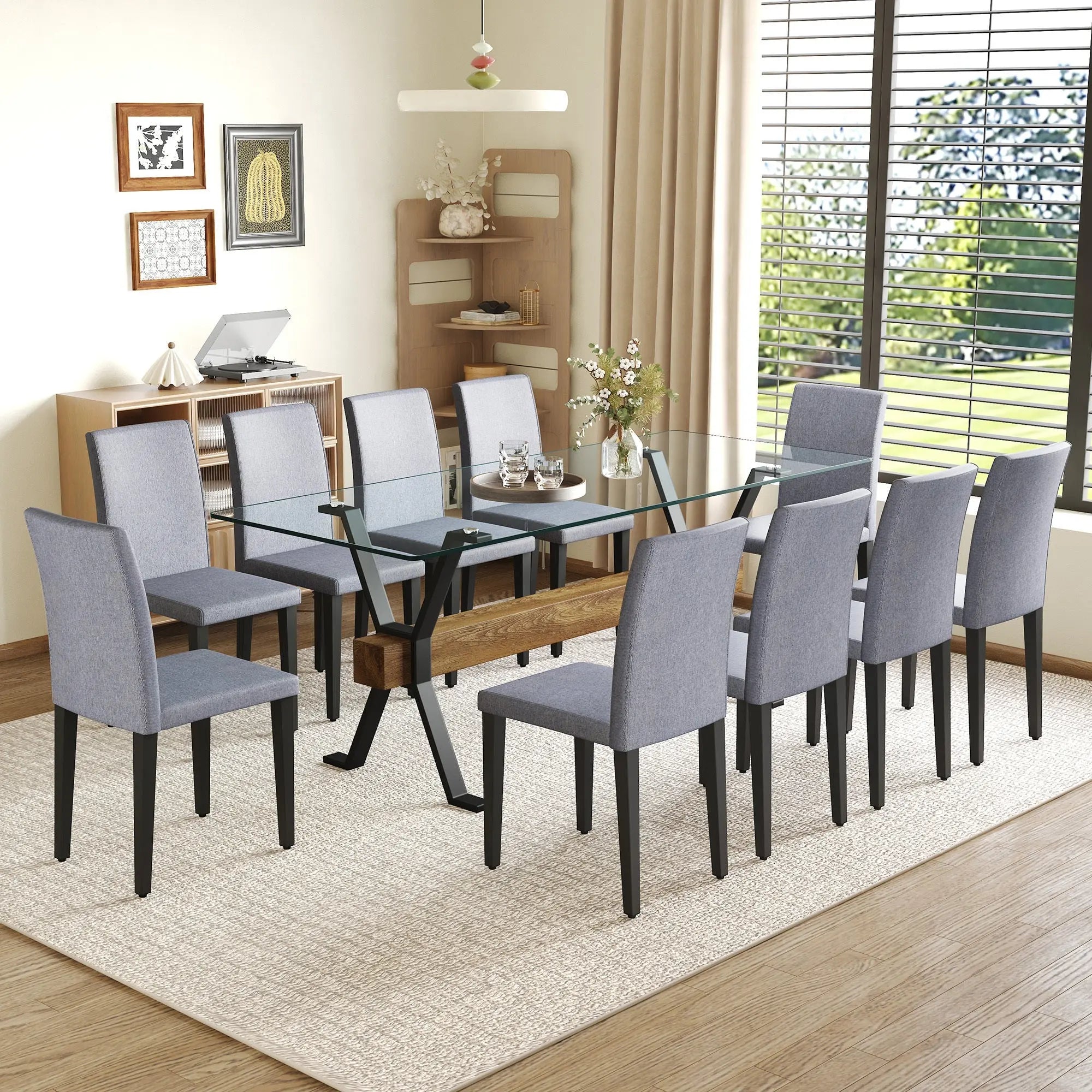 Table and chair set.79'x31.5' Inch Tempered Glass Tabletop With Sangria Beech