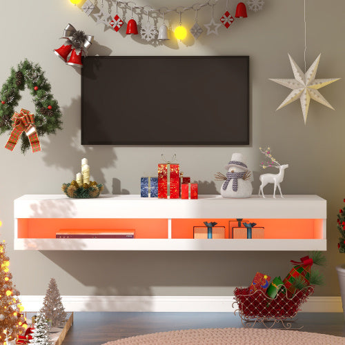 TV Stand With LED Lights, Floating Entertainment Center Media Console, Wall Mounted High Gloss Modern Storage Shelf For Up To 65 TV