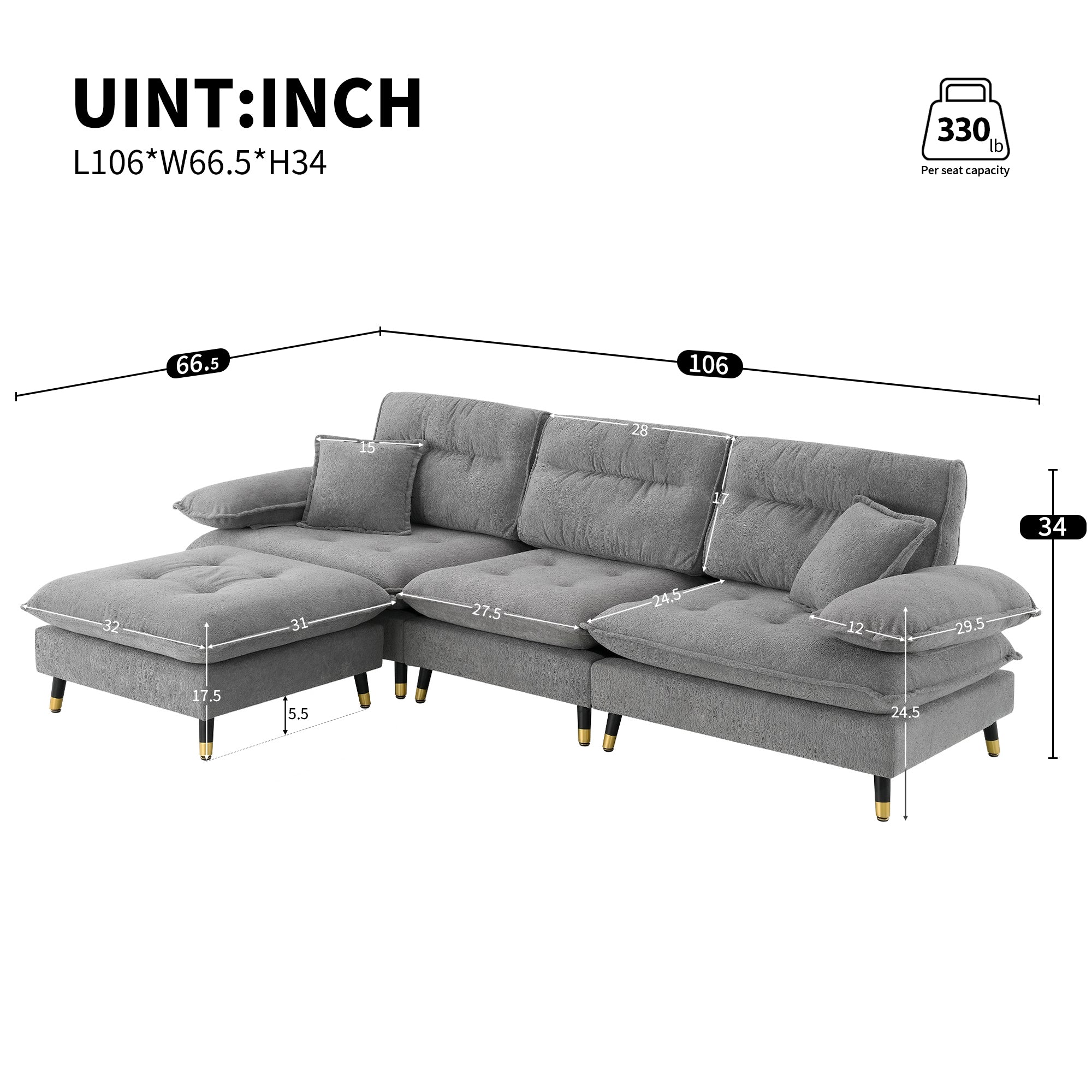 106*66.5" L shaped Convertible Sectional Sofa,4 Seat Tufted Couch Set