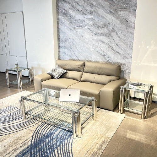 Modern Stainless Steel Coffee Table Set Set Of 3, Double-Layer Clear Tempered Glass Table Top, Coffee Table  Two End Side Table 3-Pieces Sets For Living Room Home Office CJDropshipping
