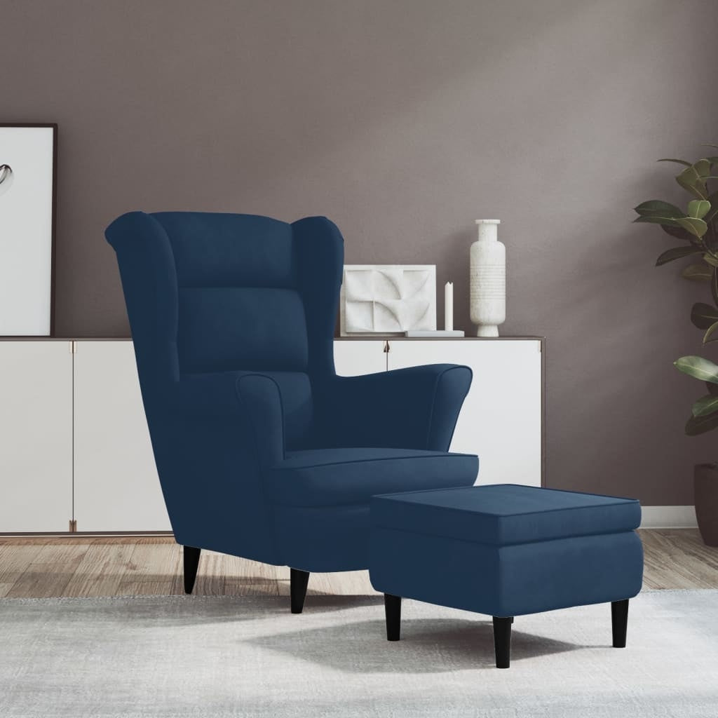 Wingback Chair with Footstool Blue Velvet