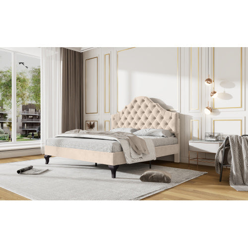 Upholstered Bed With Slatted Frame And Headboard, 4ft6 Double Bed,135x190,Upholstered Bed With Height-adjustable Headboard, Youth Bed, Wooden Slat Support, Easy Assembly, Velvet, Beige