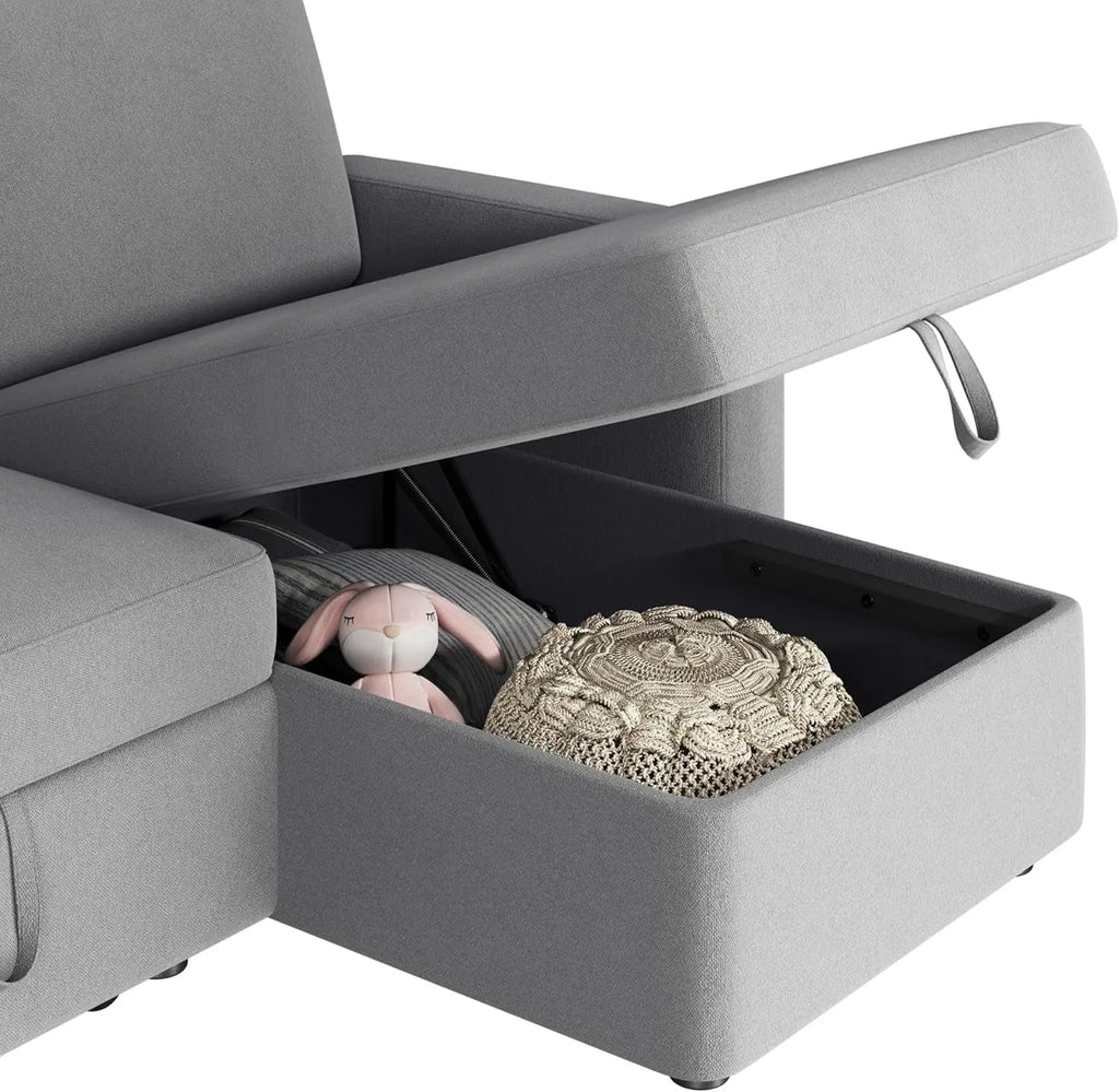 Light Gray L-Shaped Sleeper Sectional, USB, Storage Peach Maple
