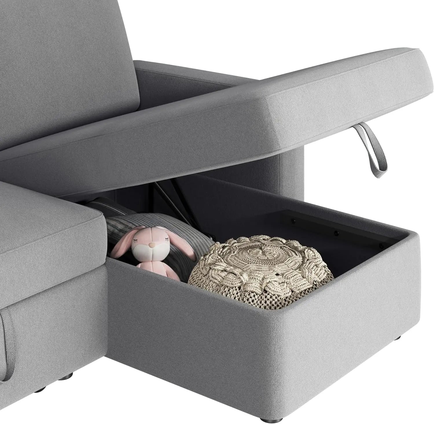 Light Gray L-Shaped Sleeper Sectional, USB, Storage Peach Maple