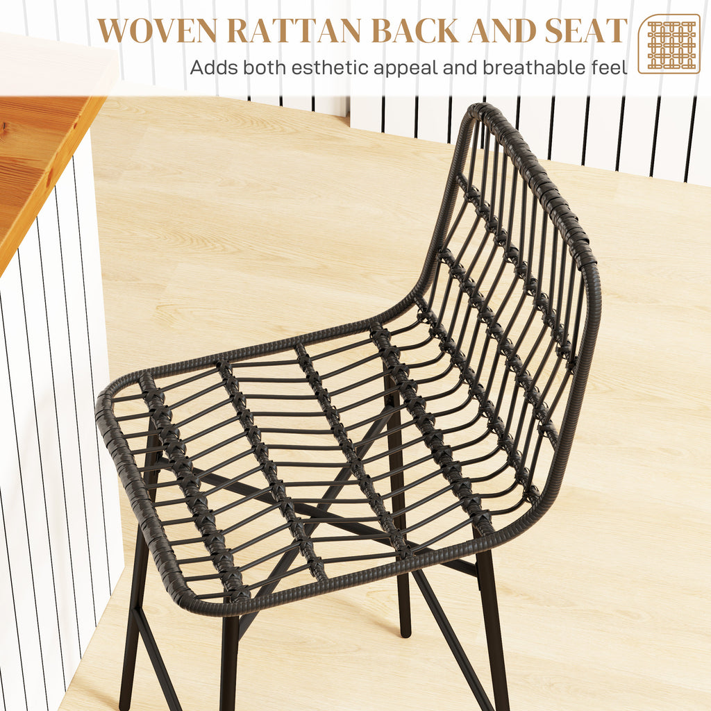 Rattan Counter Bar Stools Set Of 2, 26 Counter Height Barstools With Back, Bar Chairs For Kitchen Island, Black