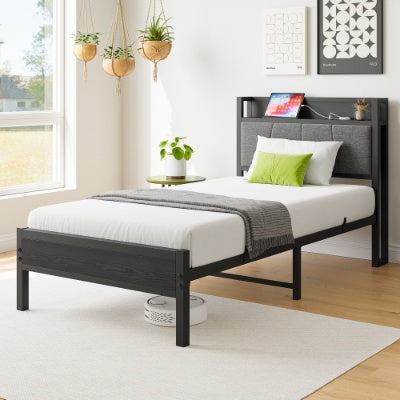 Twin Size Bed Frame, Storage Headboard With Charging Station, Solid And Stable, No Box Spring Needed, Easy Assembly