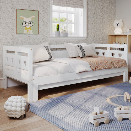 Daybed Cabin Bed Wooden 3FT Single Sofa Guest Bed Sofa Bed, Pull Out Trundle Wooden Bed Heart-Shaped For Children Adults Bed For Living Room And Bedroom -90 X190 Cm -White