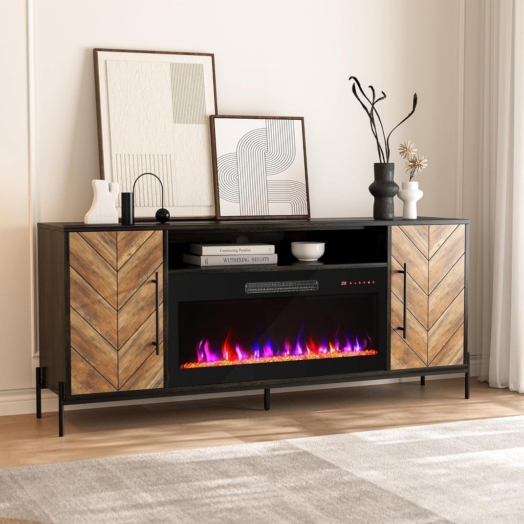 68" TV Stand with 36" Electric Fireplace Heater, Entertainment Center Peach Maple