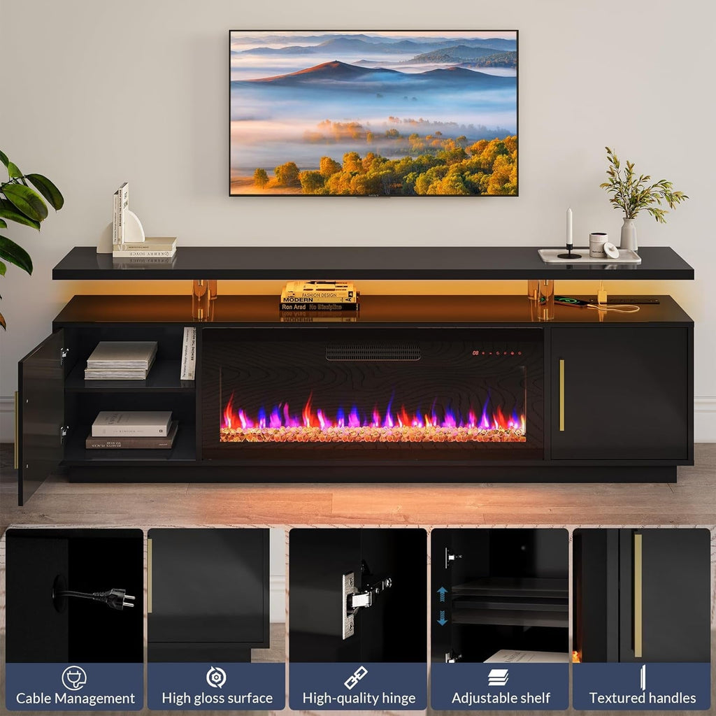 79" TV Stand for Tvs up to 85", LED Light Entertainment Center with Peach Maple
