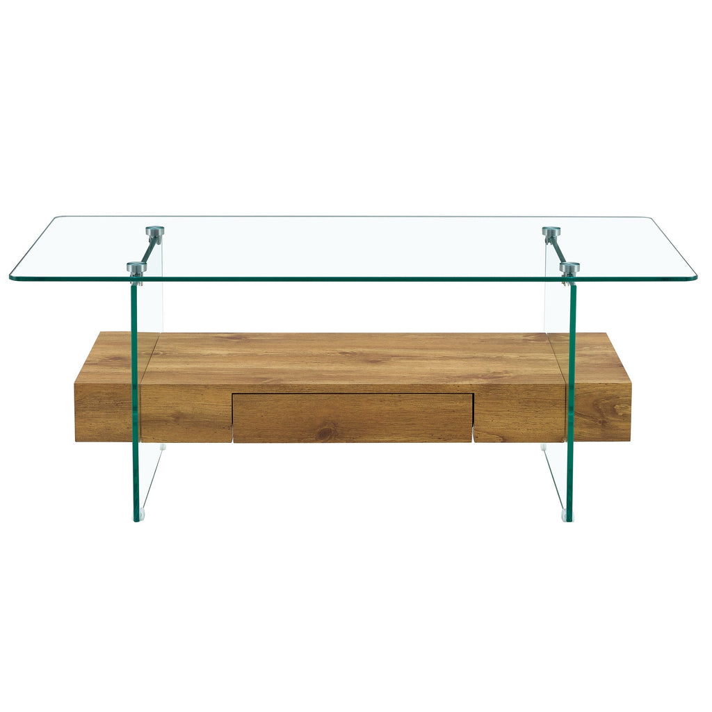 Modern Two-Tier Coffee Table - Clear Tempered Glass and Natural Wood Sangria Beech
