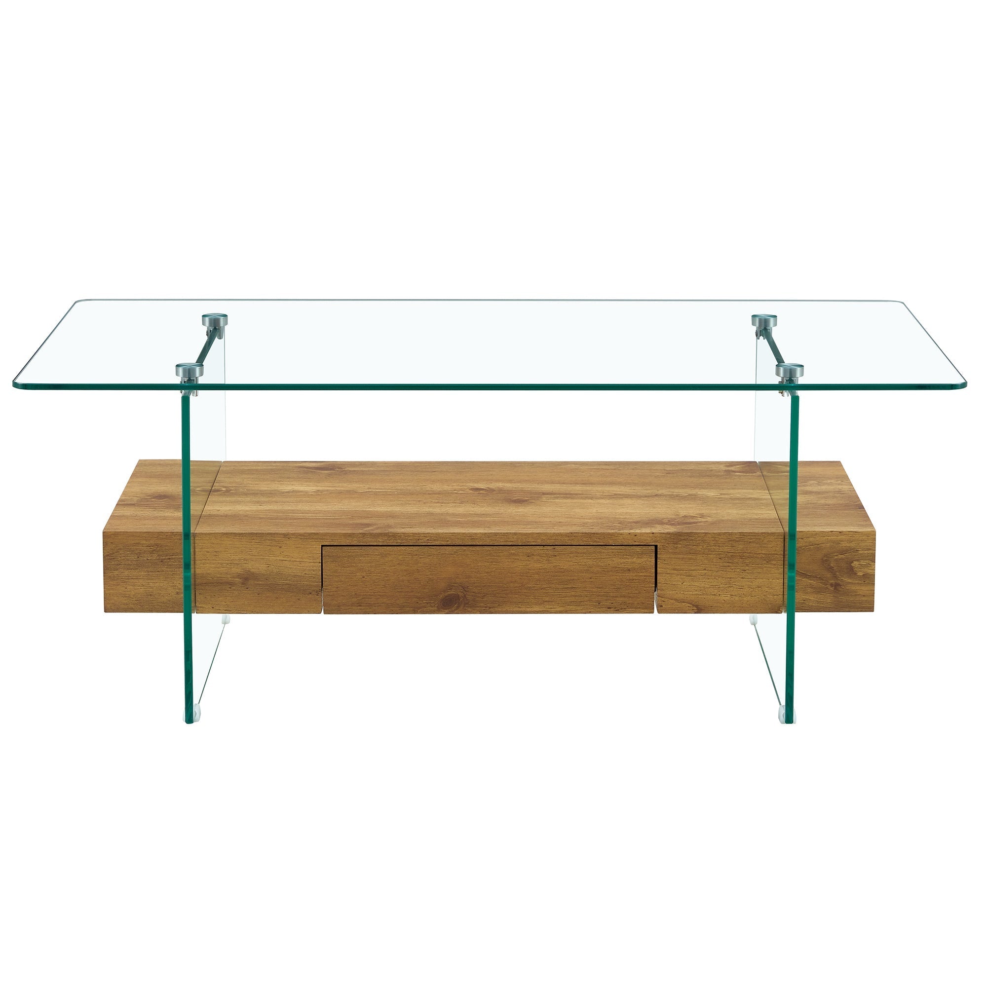 Modern Two-Tier Coffee Table - Clear Tempered Glass and Natural Wood Sangria Beech
