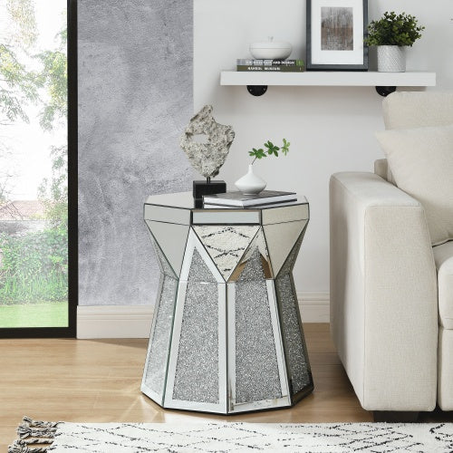 Drum Style Coffee Table With Mirror Crystal Inlay, Polygonal Silver Decorative Table, Modern Design Luxury Modern Furniture, 20 Inch  About 50 Centimeters  Low Coffee Table, Suitable For Living Room CJDropshipping