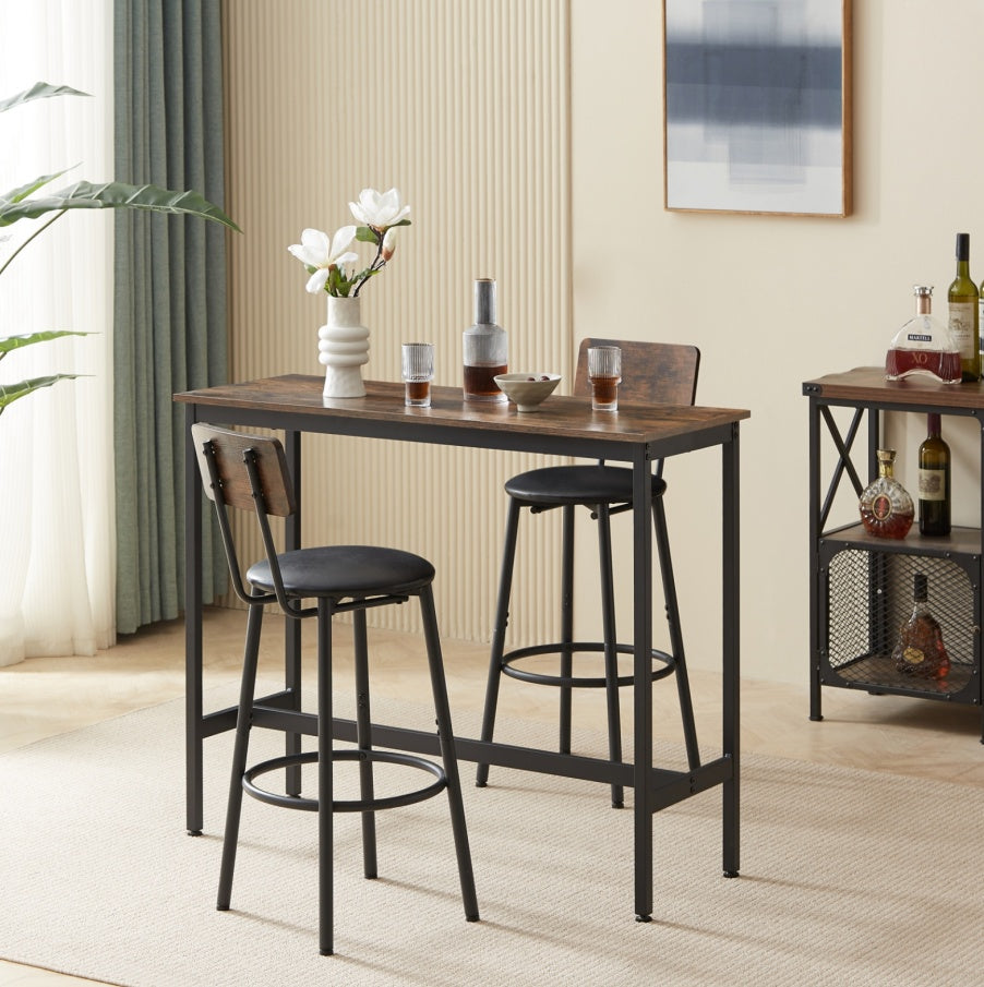 Bar Table Set With 2 Stools, PU Soft Seat, Rustic Brown, 43.3L X 15.75W X 35H