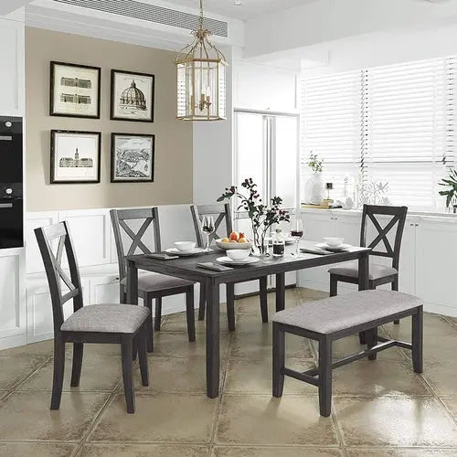 Grey Wooden Rectangular Dining Table Set of 6 Peach Maple
