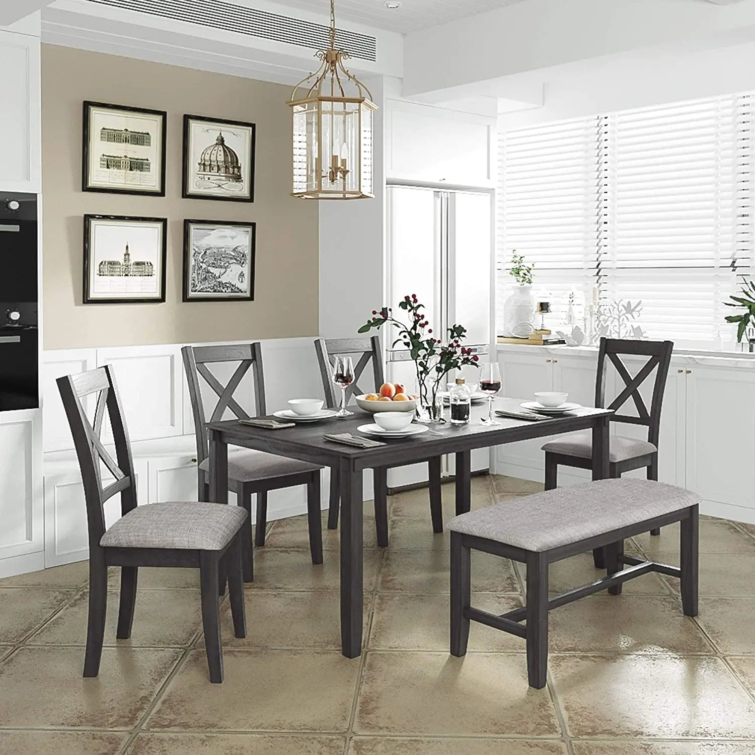 Grey Wooden Rectangular Dining Table Set of 6 Peach Maple
