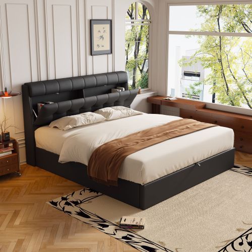 Fashion Upholstered Bed,135x190 4ft6, Double Bed,Hydraulic Bed,Concealed Headboard Storage,Bed Box Storage,PU,With Slats And Headboard,Without Mattress,Cream White