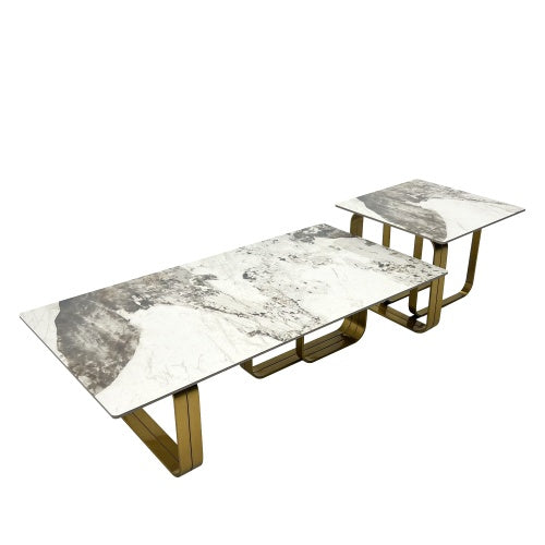 LuneluX_Home – Modern Sintered Stone Coffee Table Set with Gold Frame Carmine Juneberry