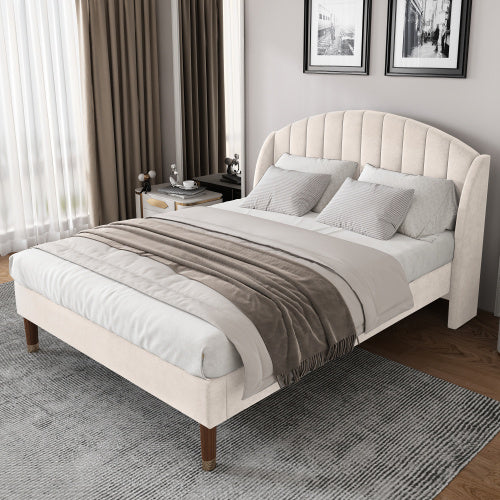 Upholstered Bed,Double Bed-4ft6 135x190cm,with Slatted Frame And Headboard, Youth Bed, Wooden Slatted Support, Easy Assembly, Velvet, Beige