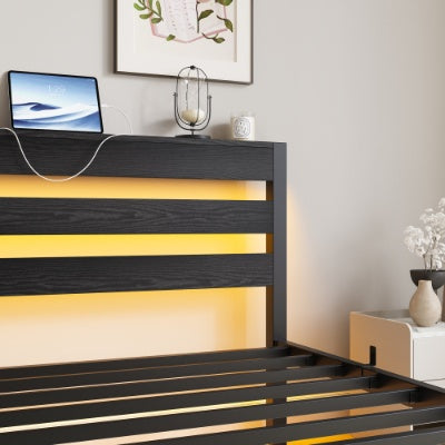 Twin Size Bed Frame Heavy Duty Platform Bed Frame With Headboard, USB Charging Station, LED Bed, No Box Spring Needed, Mattress Foundation, Strong Steel Slats, Noise Free, Black CJDropshipping