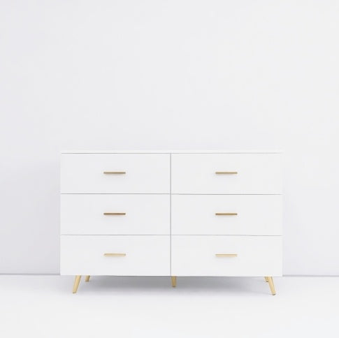 High Glossy Surface 6 Drawers Chest Of Drawer With Golden Handle And Golden Steel Legs White Color Vanity