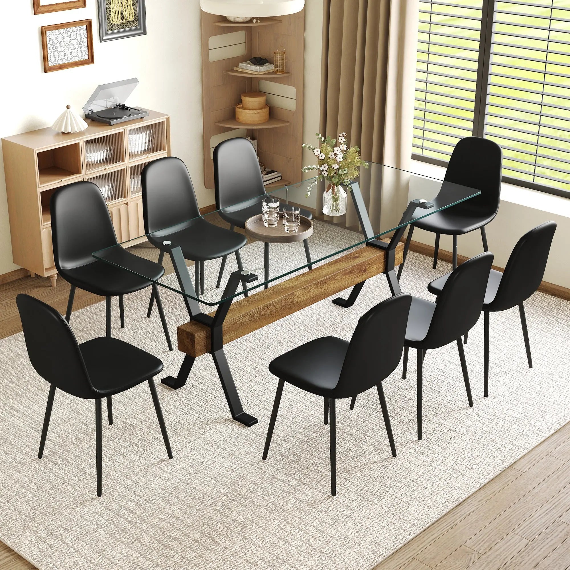 Table and chair set.79'x31.5' with X-shaped Black Metal Table Sangria Beech