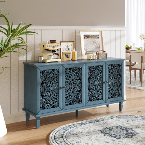 60 Antique Buffet Cabinet With Floral Carvings With Solid Wood Legs&Antique Brass Handles&Adjustable Shelves, TV Stand For 65'' TV, Sideboard For Living Room,Dining Room