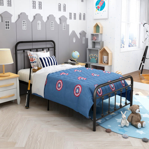 Metal Platform Bed Frame, Victorian Style HeadboardFootboard  Under Bed Storage  No Box Spring Needed Twin Size Black