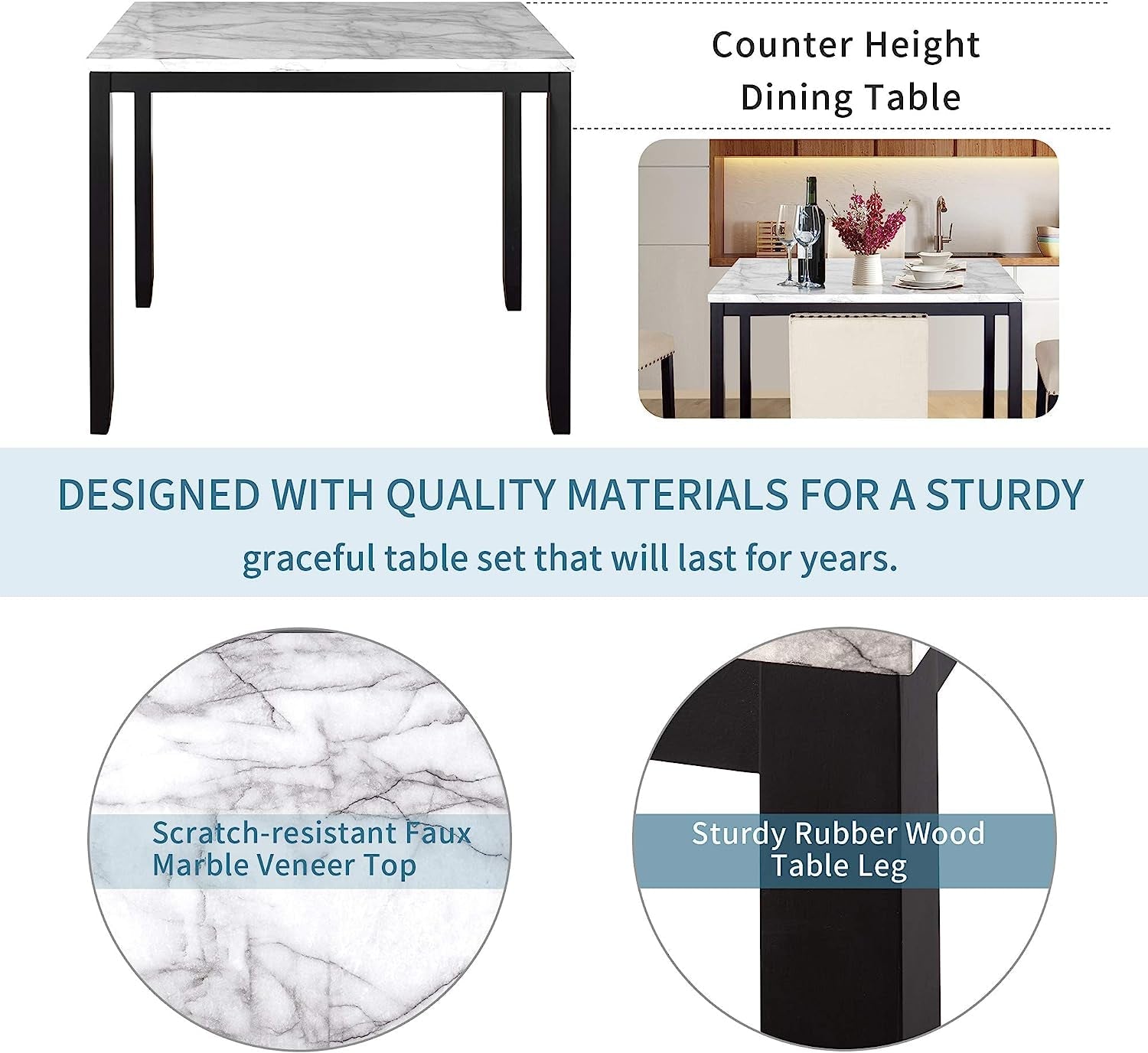 5-Piece Faux Marble Top Counter Height Dining Table Set,
