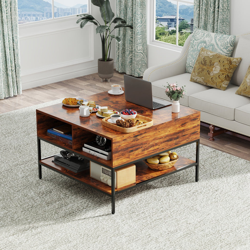 Farmhouse Flip Top Coffee Table With Storage Rustic Wood Grain Table, Hidden Storage Compartment For Living Room, Sturdy Metal Frame Easy To Assemble & Clean CJDropshipping
