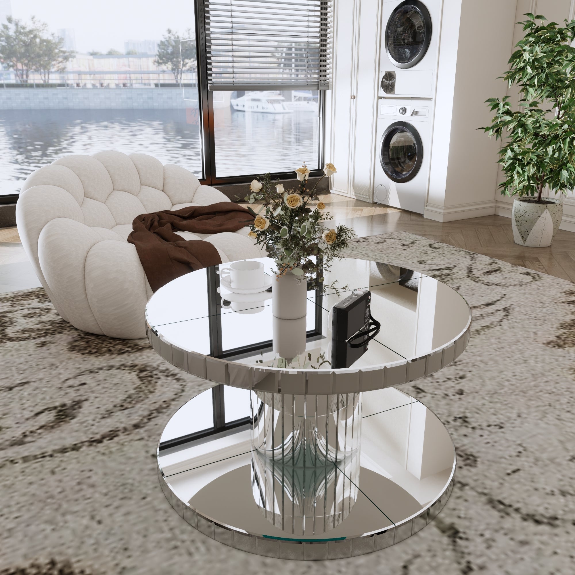 Luxury Double-Tier Round Mirror Coffee & End Table with Fluted Glass -