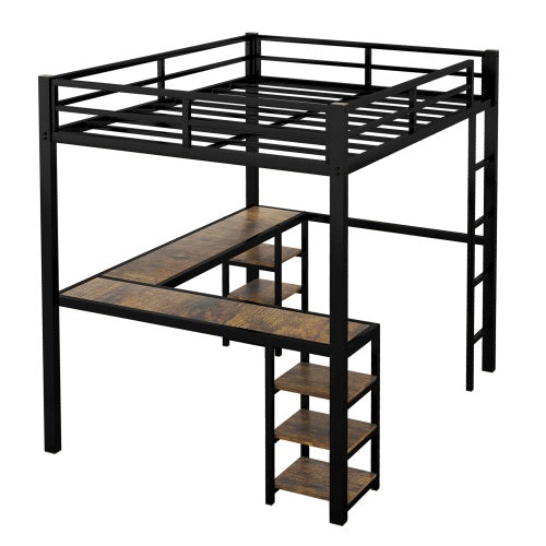 Twin XL Metal Loft Bed With Desk And Shelves, Loft Bed With Ladder And Guardrails, Loft Bed Frame For Bedroom, Black