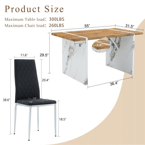 Table And Chair Set.Natural Wood Grain MDF Dining Table - 55x31.5 Inch.Paired With 4 Modern Style Dining Chairs In Black, Essential For Minimalist Homes.Blending Into Various Home Environments.